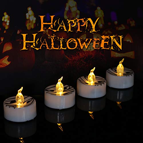 Youngerbaby 12 Pack LED Tea Light for Halloween Decor, 1.4 Inch Flickering Amber Battery Operated Candles Indoor Outdoor Seasonal Holiday Home Party Decoration (Black Grimace) - Thumbnail 2