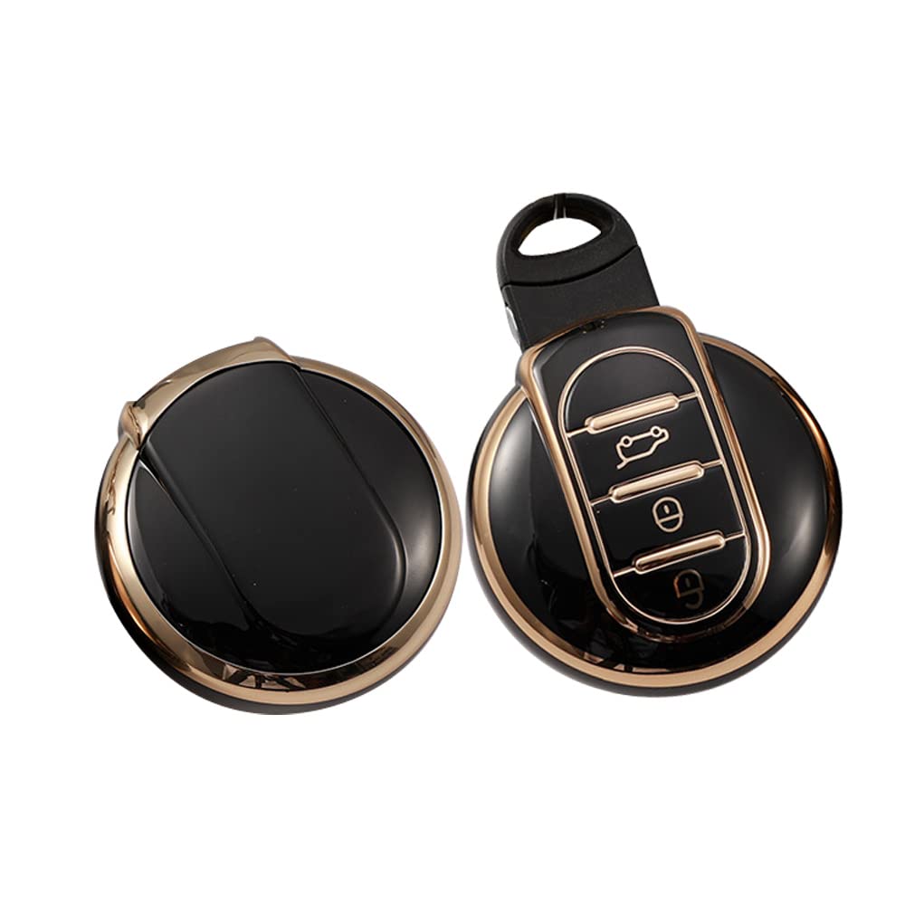 HIBEYO Smart Car Key Case Fits BMW Mini Cooper Key Case TPU Protective Cover for Mini F54 F55 F56 F57 F60 Cabrio Clubman Works Countryman Key Box Key Case 3 Button Gold Black