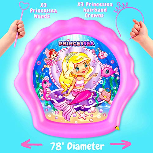 PRINCESSEA Splash Pad for Girls, XL 78″ Outdoor Mermaid Children’s