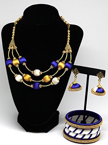 Handmade Silk Thread Jewelry - Three Layer Necklace Set (Blue Gold White)