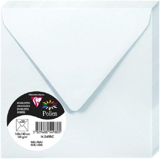 Clairefontaine 5498C Pack of 20 Gummed Envelopes Square Format 14x14cm 120g/m² Blue Invitation Events and Correspondence Pollen Range Premium Smooth Paper