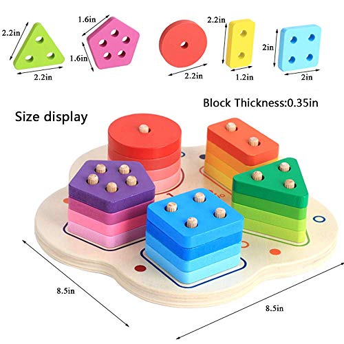 CHAFIN Wooden Educational Toys for Age 1 2 3,Wooden Shape Color Sorting Preschool Stacking Geometric Blocks Toddler Puzzles Toys Birthday Gifts for Baby Boys Girls