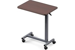 WOTURE Adjustable Overbed Table with Wheels, Bedside Rolling Table, Pneumatic Height Adjustment, Hospital Bed Table on Wheels, Standing Desk, Bedridden & Mobility Needs, Walnut