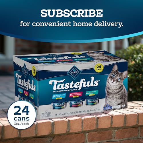BLUE BUFFALO TASTEFULS FLAKED WET CAT FOOD VARIETY PACK, MADE WITH NATURAL INGREDIENTS, TUNA, CHICKEN, FISH & SHRIMP, 5.5-OZ CANS (24 COUNT, 8 OF EACH)
