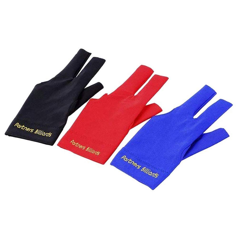 POFET 4Pps Man Woman Elastic Lycra Left Hand 3 Fingers Billiard Cue Glove for Shooters Carom Pool Snooker Cue Sport (Red Blue Black Gray)