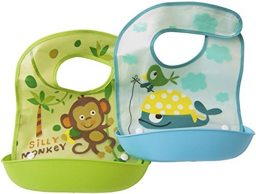 Baby Bibs - Waterproof Stay-Dry Soft Bib With Snap On Soft Plastic Pocket (Blue Fish / Green Monkey)