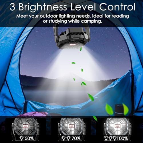 Sendowtek Camping Fan, Wireless Fan 10400mAh, Rechargeable Battery Fan with LED Light and Hook, 4 Wind Speed for Tent Sleeping Outdoor, Indoor