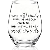 TOUNER We'Ll Be Friends Until We Are Old And Senile Stemless Wine Glass, Funny Friendship Quote Wine Glass Gifts for Women Sister BFF, Thanksgiving Christmas Birthday Gifts for Women Sister Friend