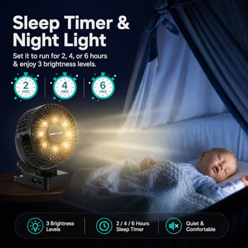 GOBRILLFUN 6 Inch 12000mAh Clip Fan Battery with Remote Control, USB Rechargeable with LED Lights, 3 Speed, Battery Fan with Timer