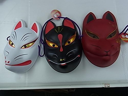 Japanese Fox Kitsune OMEN MASK RED BLACK WHITE SET 21cm MADE IN JAPAN