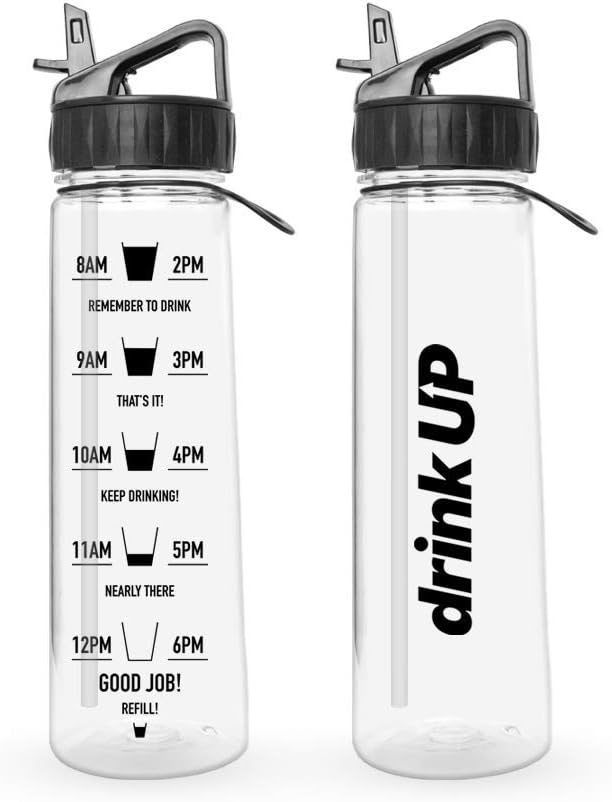 DrinkUp Motivational Water Bottle with Time Markings Straw, Black, 900 ml