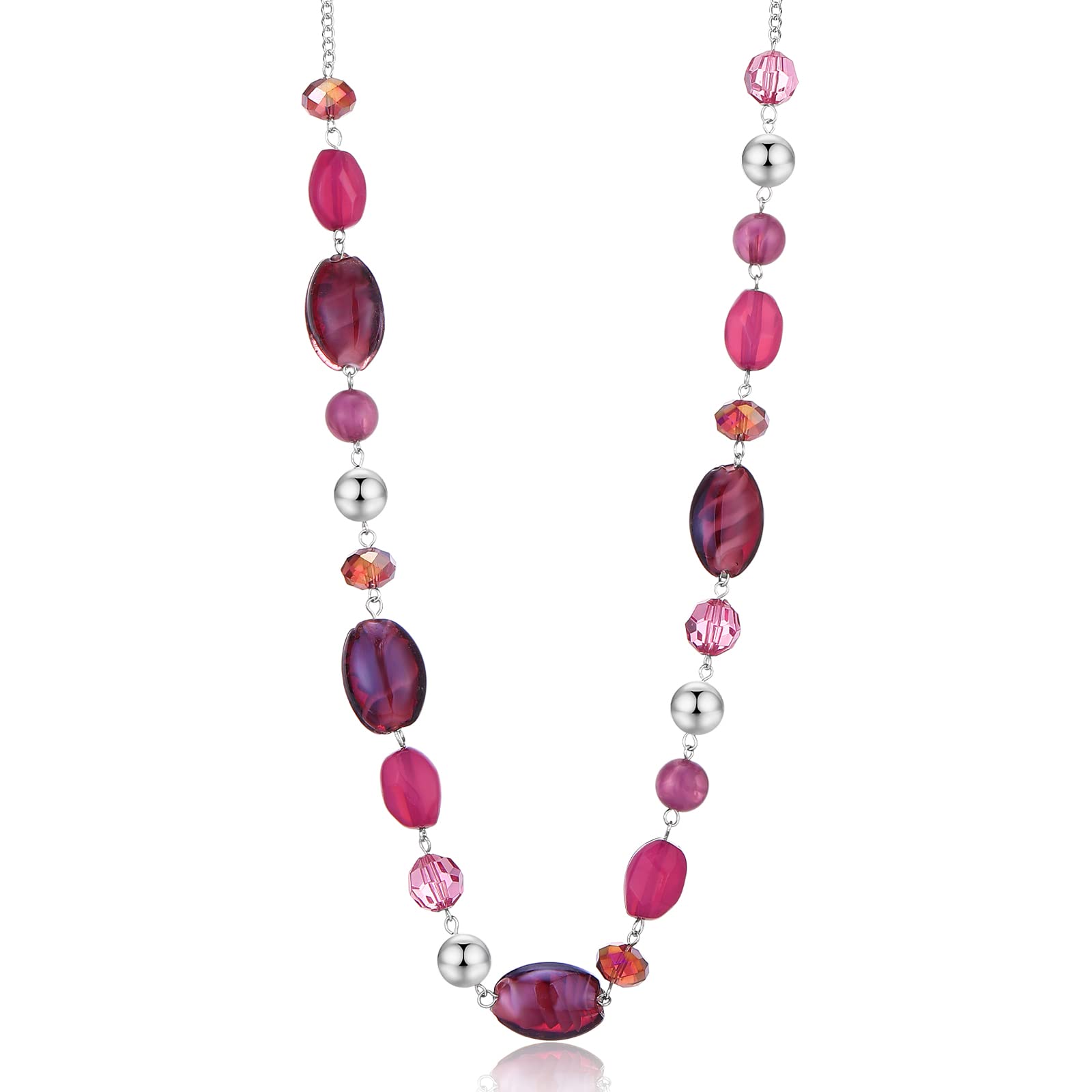 FULU AUTUMN Long Silver Beaded Necklace for Women Chain Necklace with Shell Crystal Pearl Beads Fashion Jewellery Gifts for women(10-Purple)