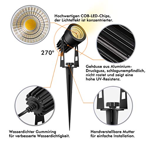 B-right Gartenbeleuchtung 6 in 1 Gartenleuchte mit Erdspieß, 6er Set 3W Gartenstrahler mit Stecker, Gartenlicht Gartenlampe mit Kabel, 1800 Lumen, IP65 Wasserdicht Rasenstrahler Rasenlicht für Außen – Bild 7