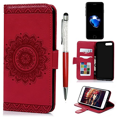 MOLLYCOOCLE iPhone 7 Plus, iPhone 8 Plus Case,Stand Wallet Premium PU Leather Kickstand Magnetic Totem Florals Card Holder Flip Folio Protective Cover for iPhone 7 Plus, iPhone 8 Plus, Red