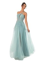Tulle Ice Green Prom Dresses with Slit Spaghetti