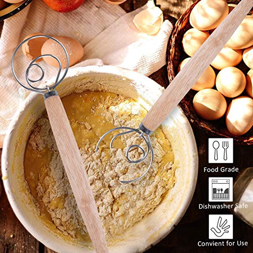 Danish Dough Whisk Original Dutch Style Bread Dough Hand Mixer Blender Admixer Professional 13" Stainless Steel Hook whisks Large Comfort Grip Wooden Handle for Pastry Cake Pizza (2 Pack)
