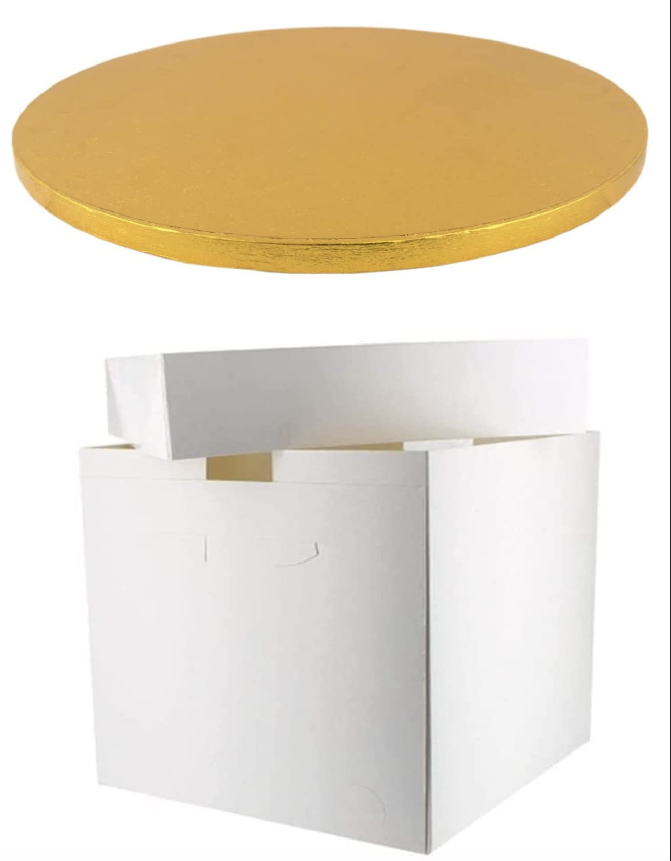Round Coloured Drum Cake Board and White Transporting Box (10 Inch, Gold)