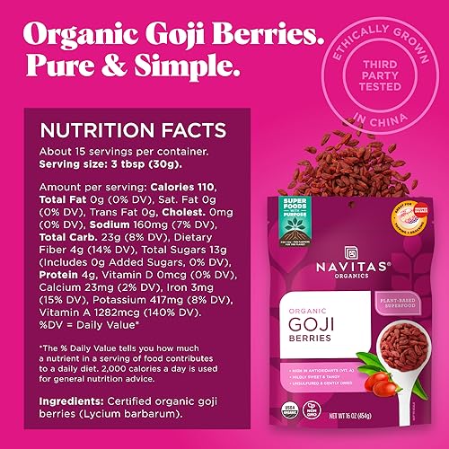 Navitas Organics Goji Berries – For Smoothies, Trail Mix, Baked Goods, Oatmeal & More – Vitamin A, Antioxidants, Fiber – Wolfberry - USDA Organic, Non GMO, Gluten Free, Vegan (16oz. Bag, 15 Servings)