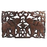 Jubilant Thai Elephant Duo Hand Carved Teak Wood Wall Art Relief Panel - Fair Trade Handicraft by Thai Artisans