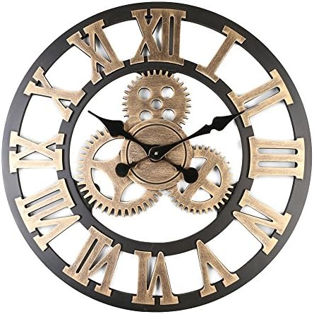 Large Retro European Wooden Home Gear Clock Roman Digital Scale Precision | Wall Decorative Creative Living Room Kitchen Bedroom | 5AA battery Diameter 45CM Black (L, Gold)
