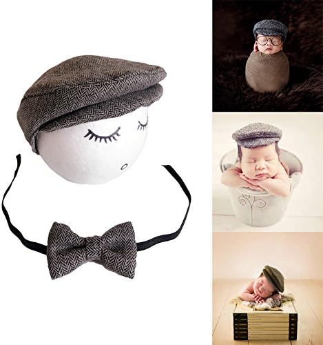 AuberllusNewborn Baby Photography Props Boy Girl Crochet Knit Fashion Cute Gentleman Hat With Bow Tie Baby Photo Shoot Outfits(Dark Gray)