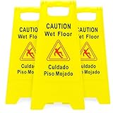 Bolthead Industrial 3-Pack of Yellow Caution Wet Floor Signs, Original Version 2-Sided Bilingual Warning - Slip & Fall Accident Prevention