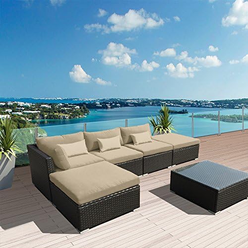 Modenzi 6L-U Outdoor Sectional Patio Furniture Espresso Brown Wicker Sofa Set (Light Beige)