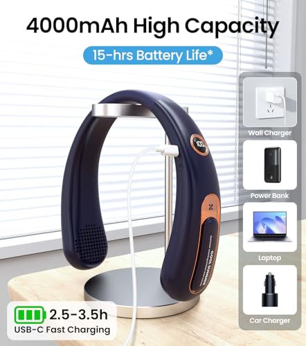 Neck Fan, Bladeless Portable Neck Fan, 4000mAh USB Rechargeable Face Fan, 3 Speed Personal Cooling Fan with 360° Airflow - for Hot Flashes Home Office Travel Outdoor Sports (Blue)