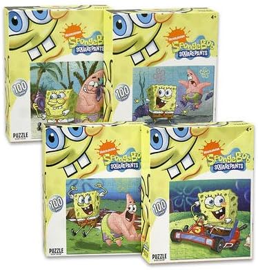 Bundle of 4 Unique Nickelodeon's Spongebob Squarepants 100pcs Puzzles. Spongebob on a Go-Kart, Grabbing Seashells, Dancing, and Roller-Skating. Spongebob Toys for Kids 4 yrs+.