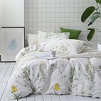 Wake In Cloud - Botanical Comforter Set, 100% Cotton Fabric with Soft Microfiber Fill Bedding, Yellow Flowers and Green Leaves Floral Garden Pattern Printed on White (3pcs, Queen Size)