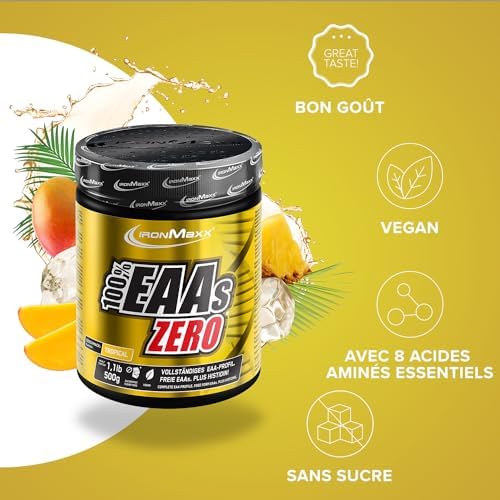 – EAAs Zero en Poudre – Tropical 500 g – EAA Zéro Sans Sucre, Complément EAA pour Sport & Nutrition