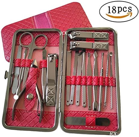 JCX 18 in 1 Stainless Steel Manicure Pedicure Nail Clipper Travel Set - Nail Cutter Scissors File Tweezers Knife Ear Pick Cuticle Remover Utility Tools Grooming Kits with Case (Rose-red)