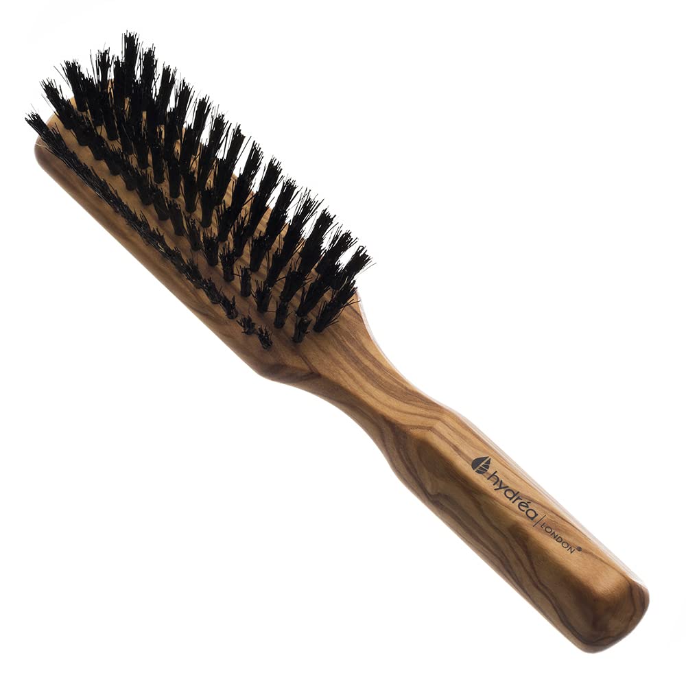 Hydréa London Olive Wood Natural Hair Brush with Pure Boar Bristle – Rectangular Hairbrush for Women & Men for Healthy, Smooth and Shiny Hair