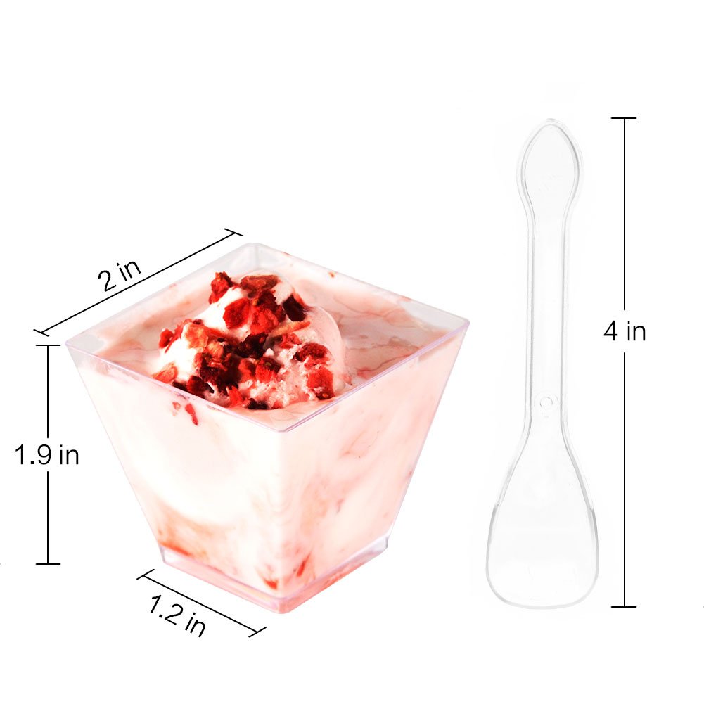 SZUAH Disposable Mini Desert Cups, Clear Plastic Appetizer Cups with Spoons, 2oz for Appetizer, Catering Supplies, Tumblers Shooters[100 Pack, Square] …
