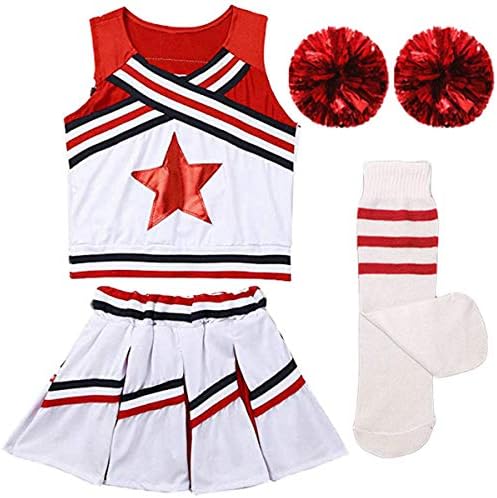 Girls Kids Cheerleader Uniform Costume Soccer Carnival Party Outfit Crop Top with Skirt Knee Socks Match Pom poms Set