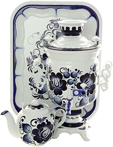 Tea Gift Set Electric Tula Samovar Gzhel Hand Painted Teapot Salver 110V