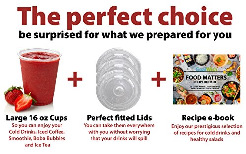 16oz Plastic Cups with Lids for Cold Drinks, Iced Coffee, Smoothie, Boba Bubbles and Ice Tea | Pack of 80 Disposable Cups with Flat Lids for Party Supplies and Office Use - RECIPE E-BOOK INCLUDED