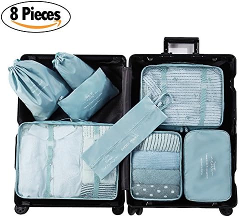 Aviddom 8 Set Packing Cubes Travel Luggage Organizer with Laundry Bag and Shoes Bag for Carry on (Sky Blue)