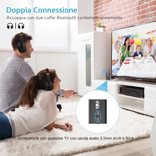 ML300 Trasmettitore Ricevitore Bluetooth 5.3 per TV, Adattatore con Jack Aux 3.5mm, aptX Bassa Latenza & AD & HD Audio con Batteria da 12 Ore per Impianto Stereo, 2 Cuffie, Auto