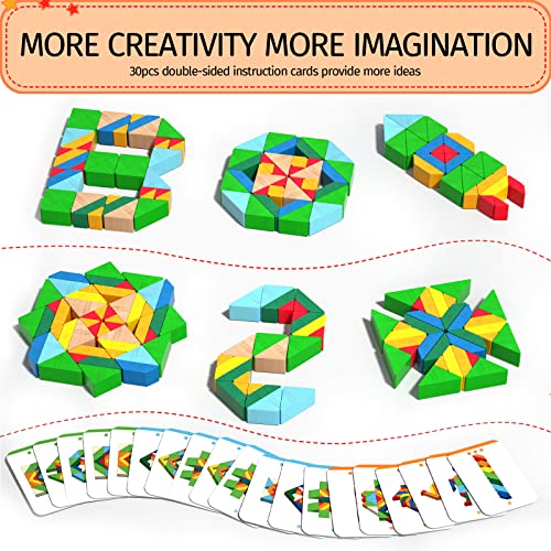 zhiwuzhu Wooden Building Blocks for Toddlers 3 4 5, Montessori Toy for Kids, 48PCS Stacking Blocks with 30-Piece Instruction Cards and Storage Bag, Preschool Educational Toy for Boys and Girls Gifts