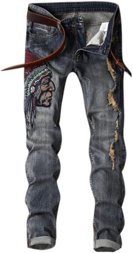 worclub Men's Jeans,Fashion Ripped Hole Jeans Pants, Indians Embroided Retro Jeans