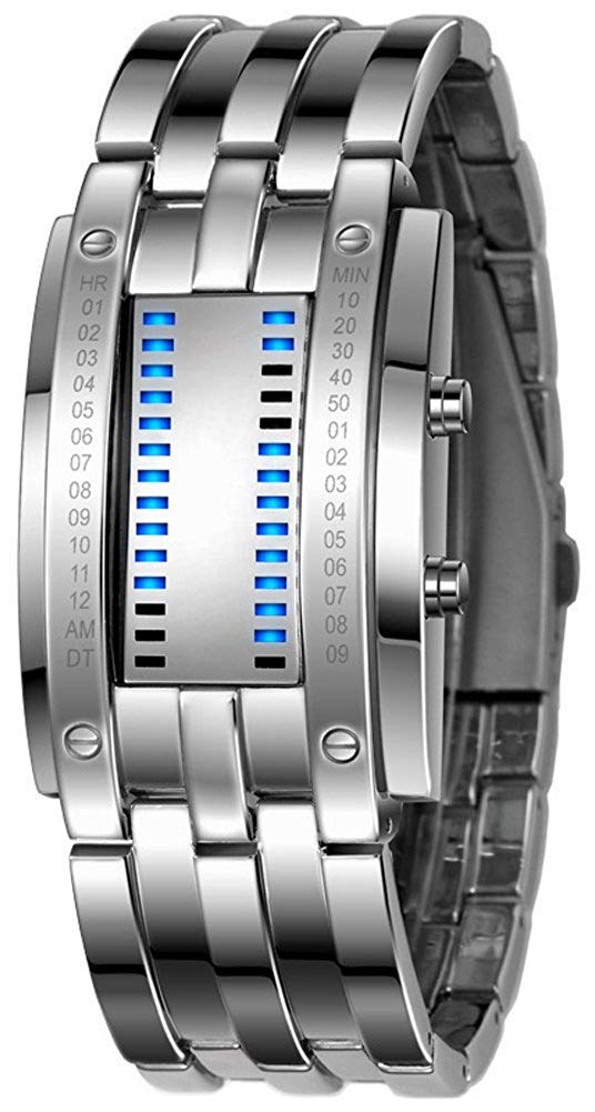Mens Creative Binary Digital Watches Unique Matrix LED Watch Futuristic Cool Stainless Steel Wrist Watch, Silver, Fashion — image 1