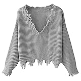 ZAFUL Women's Loose Long Sleeve V-Neck Ripped Pullover Knit Sweater Crop Top (Grey)