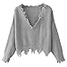 ZAFUL Women's Loose Long Sleeve V-Neck Ripped Pullover Knit Sweater Crop Top (Grey)