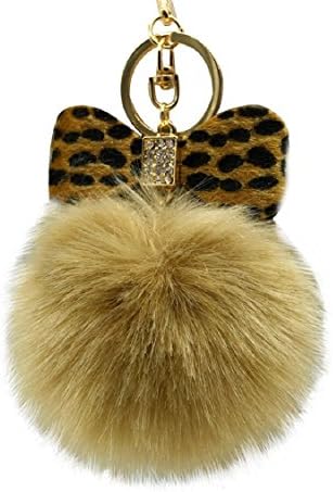 Egmy Leopard Bow Fluffy Faux Rabbit Fur Ball Bowknot Charm Car Keychain Handbag Key Ring (Deep Yellow)