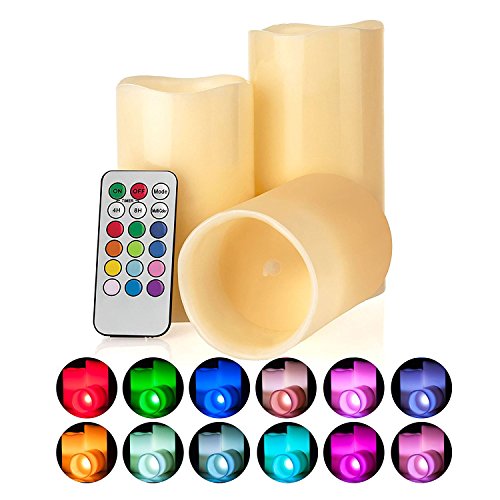 LED Multi Colored Flameless Candles Battery Operated, 3 Round Ivory Wax with MultiFunction