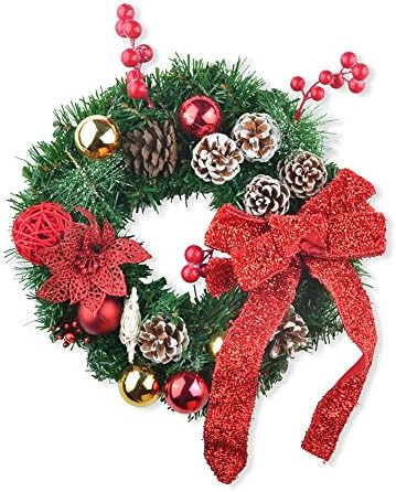 Christmas Wreath, Siger 14 inches Front Door Wreath Tipped with Red Knot/Berries/Pinecones for Festival Holiday Home Office Decorations