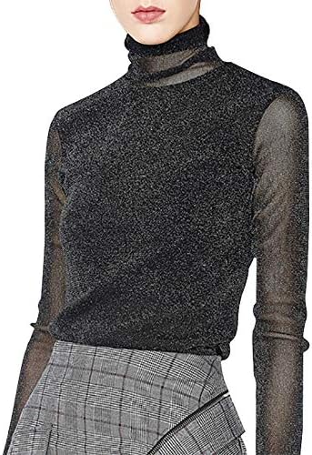 Women's Turtleneck Top Long Sleeve Slim Fit Shirts Mesh Sheer See Through Casual Top