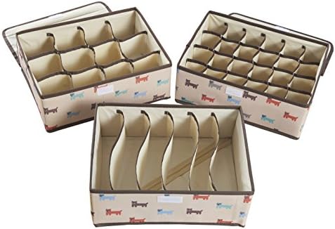 Foldable Drawer Dividers, Storage Boxes, Closet Organizers with Cover for Bra Underwear Socks ( Set of 3 ) (Beige)
