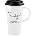 Buyajuju Travel Mug with Handle and Silicone Lid in Gift Box, Porcelain, Cup Holder Friendly, 16oz Tall Coffee Travel Mug Tumbler for Tea, Latte and Hot Chocolate On the Go, Labelled “ Family”
